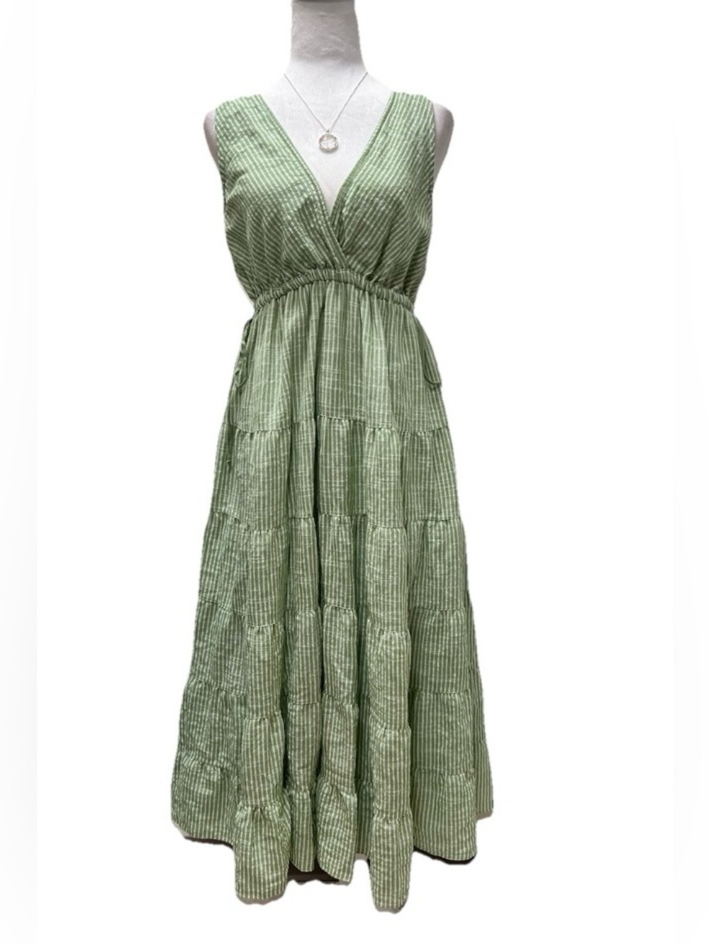 Max Studio Plaid Sleeveless Empire Waist Tiered Midi Dress Green & White M